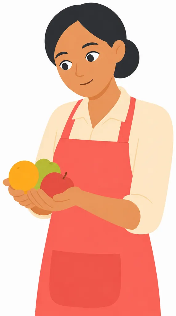 A woman in a coral apron holding a small pile of fruit in cupped hands, tilting her head as if estimating the amount.