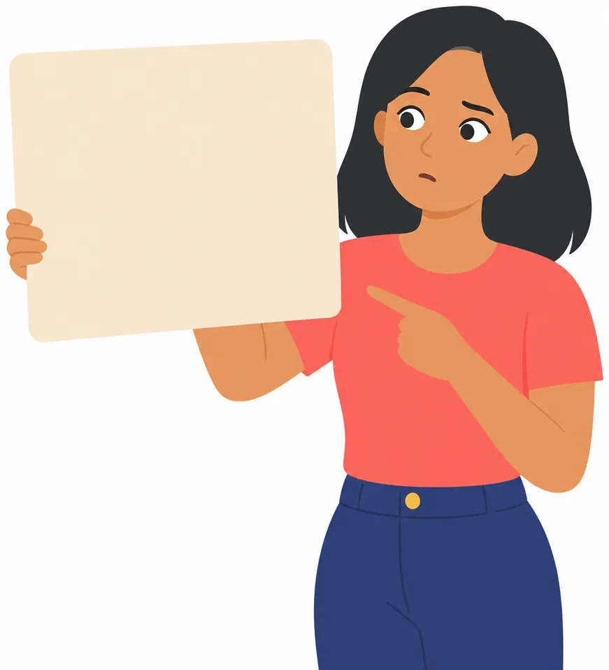 Rina points at something off-frame with a puzzled but friendly expression, one eyebrow raised, asking a question.