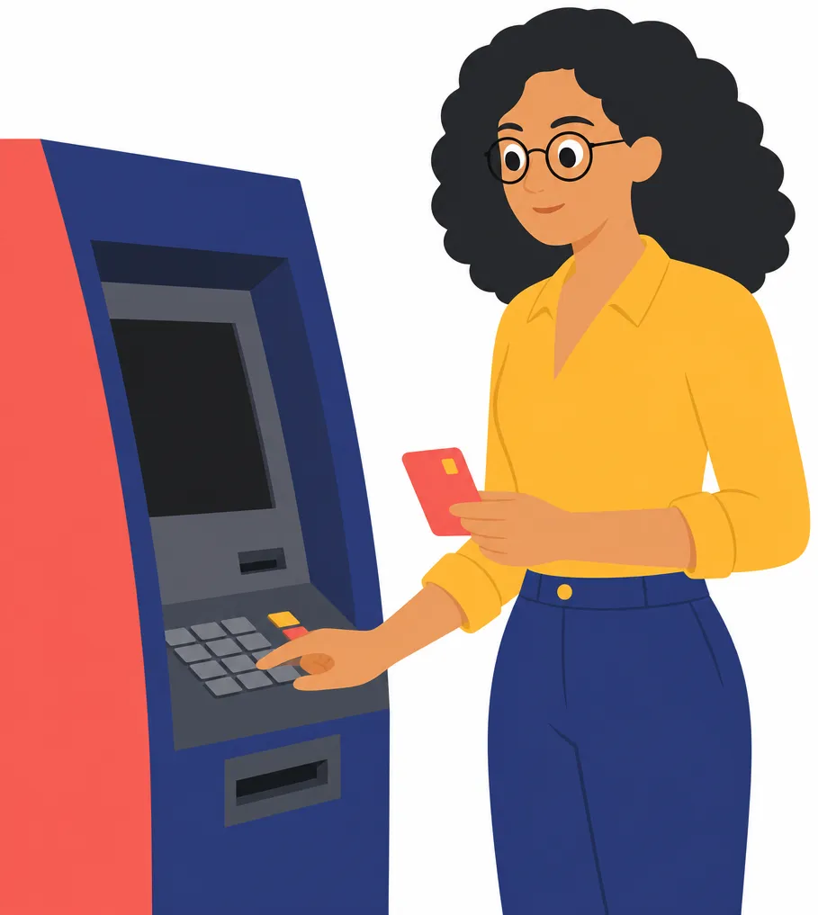 A woman with round glasses standing at a cash machine, one hand on the keypad, a card in the other.