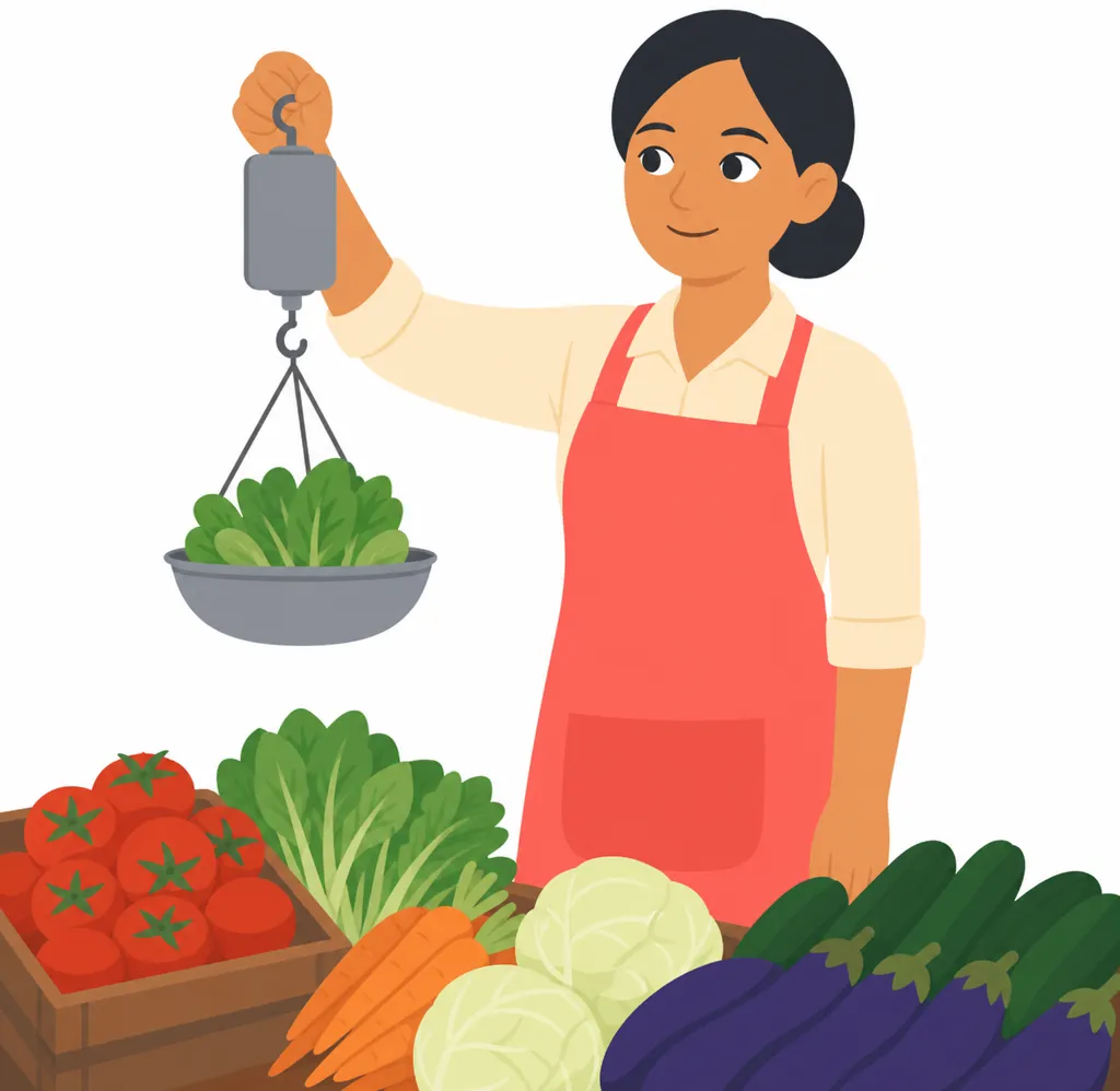 A woman in a coral apron behind a market stall holding up a hanging scale with vegetables in the pan.