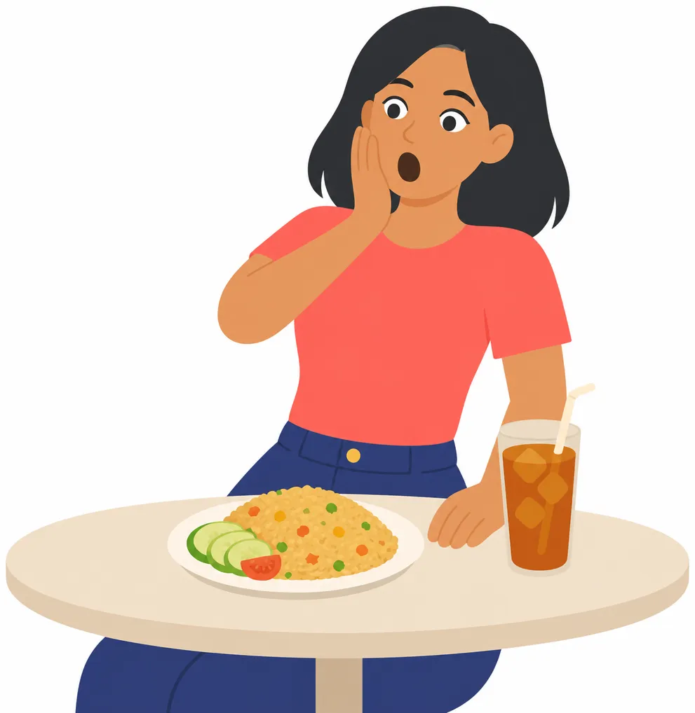 Rina holds up three fingers while Bu Sri, behind a market stall of folded fabrics, shakes her head and holds up an open palm.