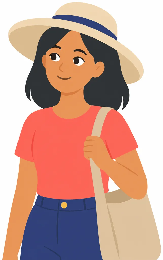 A young woman wearing a wide-brimmed hat and carrying a bag, standing still. She HAS things and WEARS things, no object being acted upon.