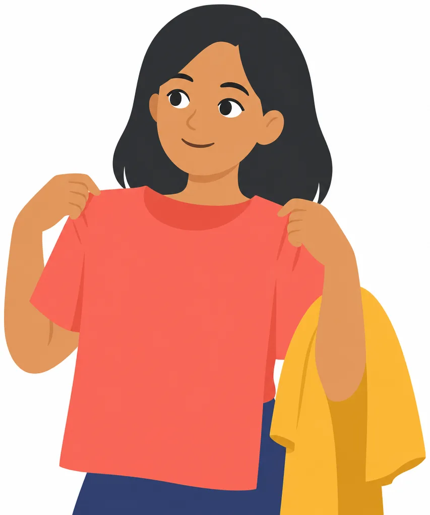 A young woman holding a t-shirt up against herself, checking the size, a second shirt over her arm.