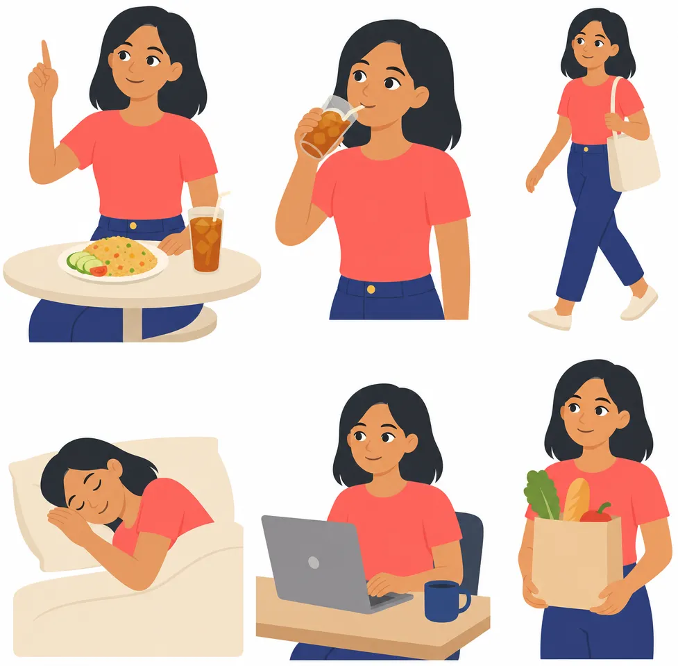 Six small scenes of the same young woman in a grid, each a simple everyday action: eating, drinking, walking, sleeping, working at a desk, carrying a shopping bag.