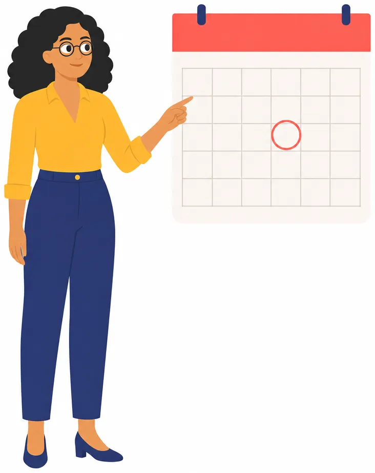 The woman with round glasses points at a large plain wall calendar showing a simple empty grid of squares, one square circled in coral.
