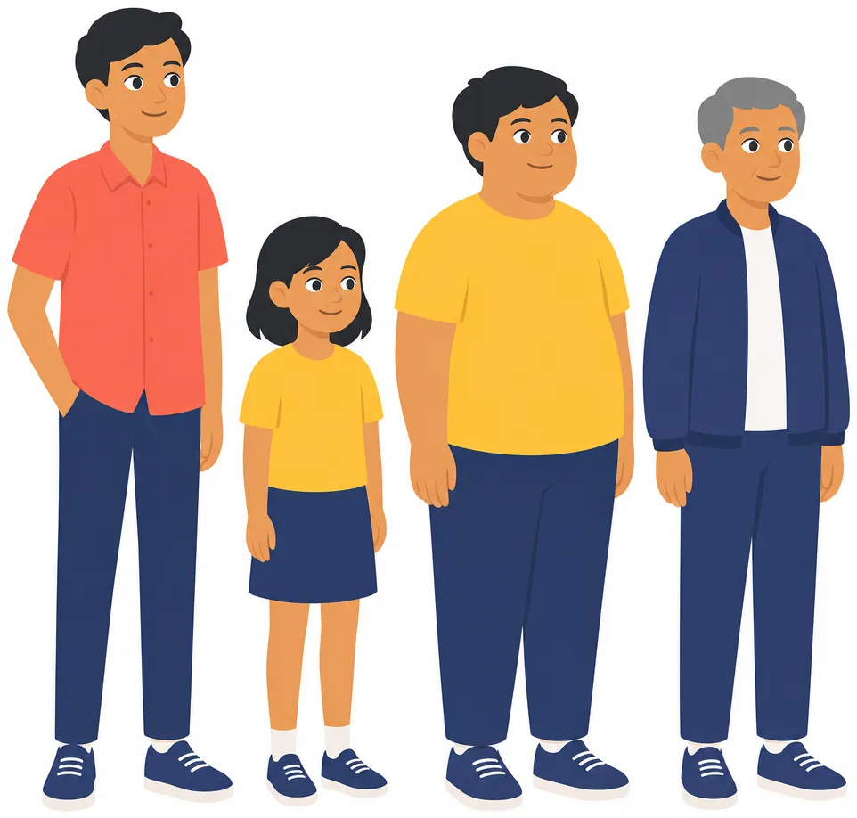 Four people standing in a row, clearly different from each other: one tall and thin, one short, one heavier, one with grey hair.