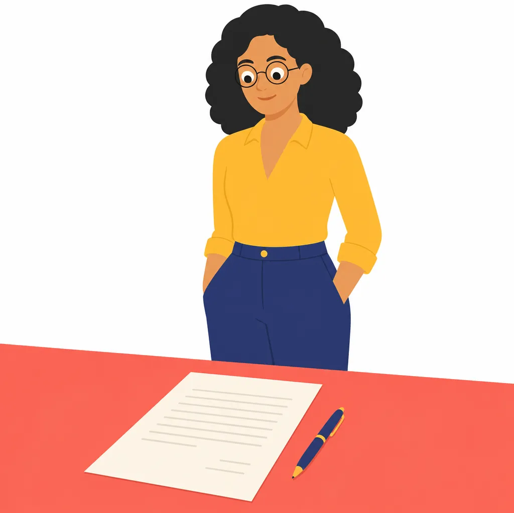 A finished letter lying on a desk with a pen beside it, and a woman with round glasses standing back from it, looking at it.