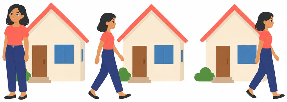Three small vignettes side by side: Rina standing still beside a house, Rina walking towards a house, Rina walking away from a house.