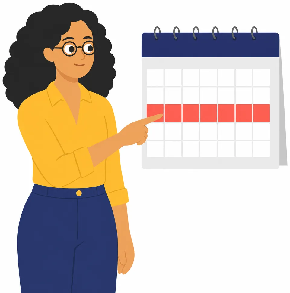 A woman with round glasses pointing at a wall calendar with a long span of days marked across it in coral.