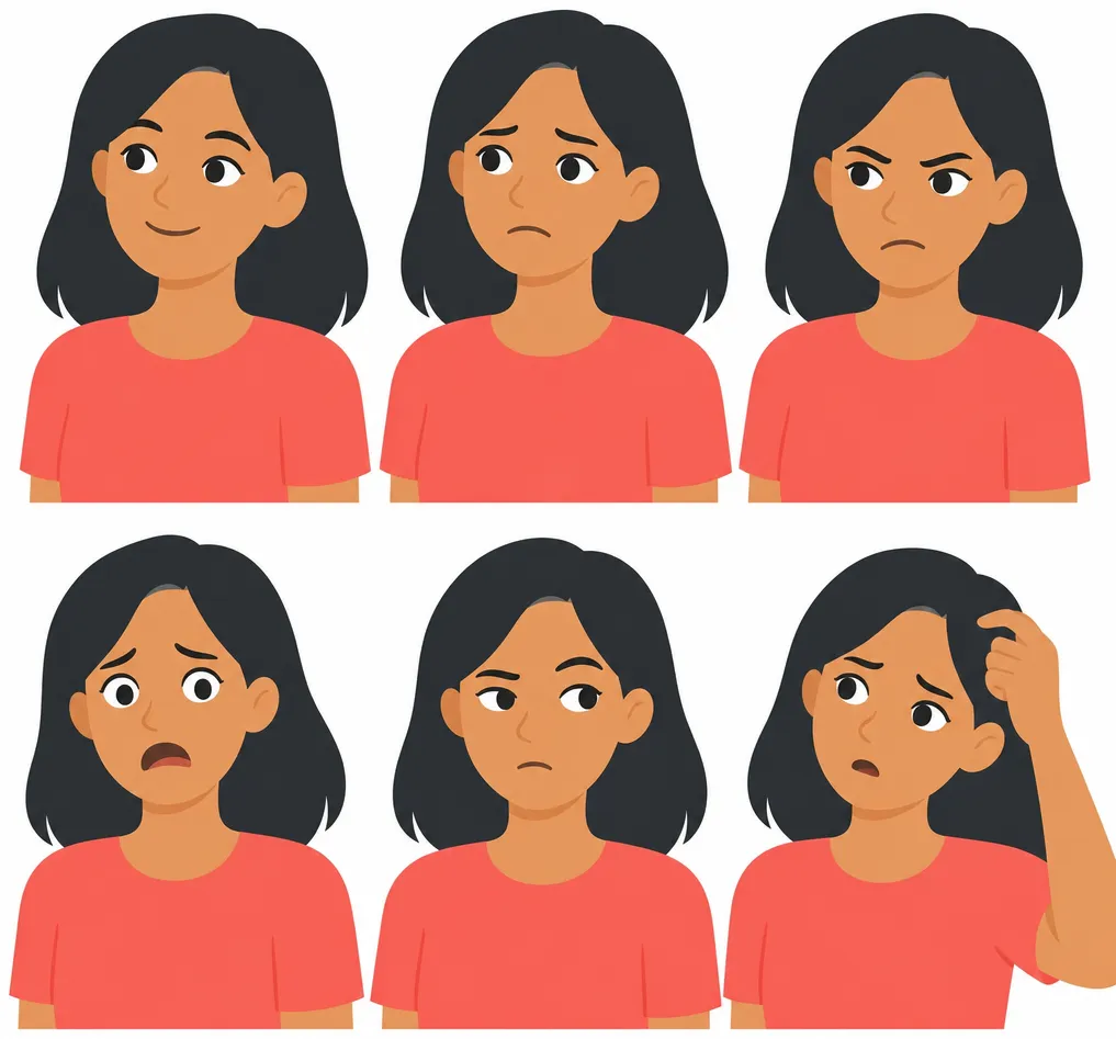 Six small head-and-shoulders portraits of the same woman in a grid, each with a clearly different expression: happy, sad, angry, afraid, annoyed, confused.