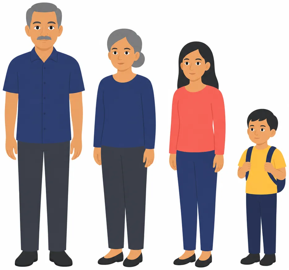 A family group standing together: an older man, an older woman, a young woman and a small child, arranged by height from tallest to smallest.