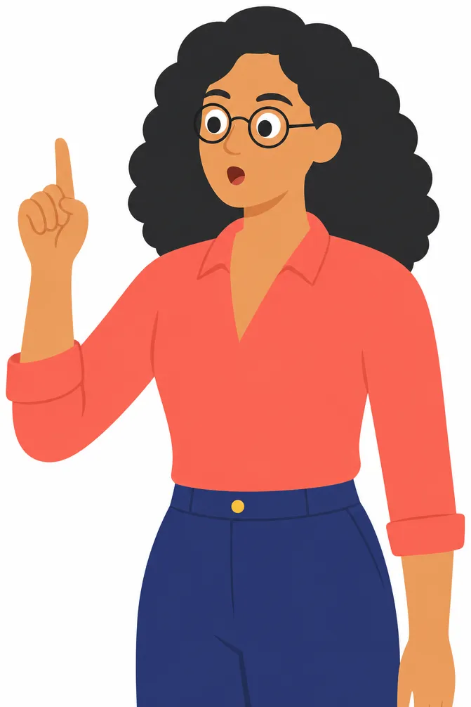 A woman with round glasses raising one finger as she makes a point, mid-sentence.