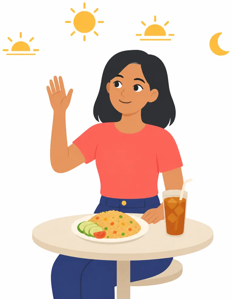 The four greetings of the Indonesian day: selamat pagi at sunrise, siang at midday, sore in the late afternoon, malam after dark.