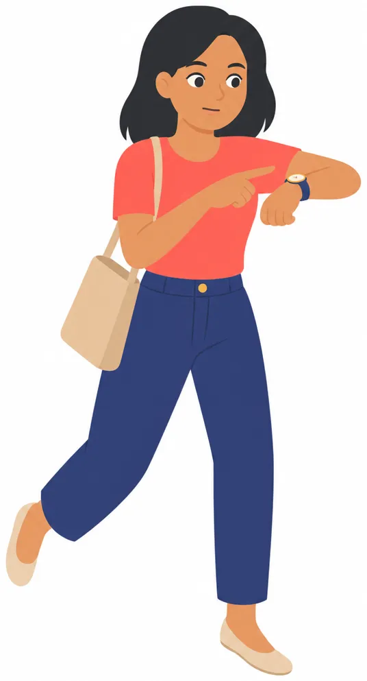 She stands up quickly and points at the watch on her wrist, she has to leave now.