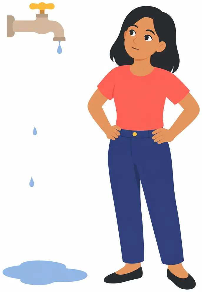 A young woman looking up at a dripping tap with a puddle forming under it, hands on hips.
