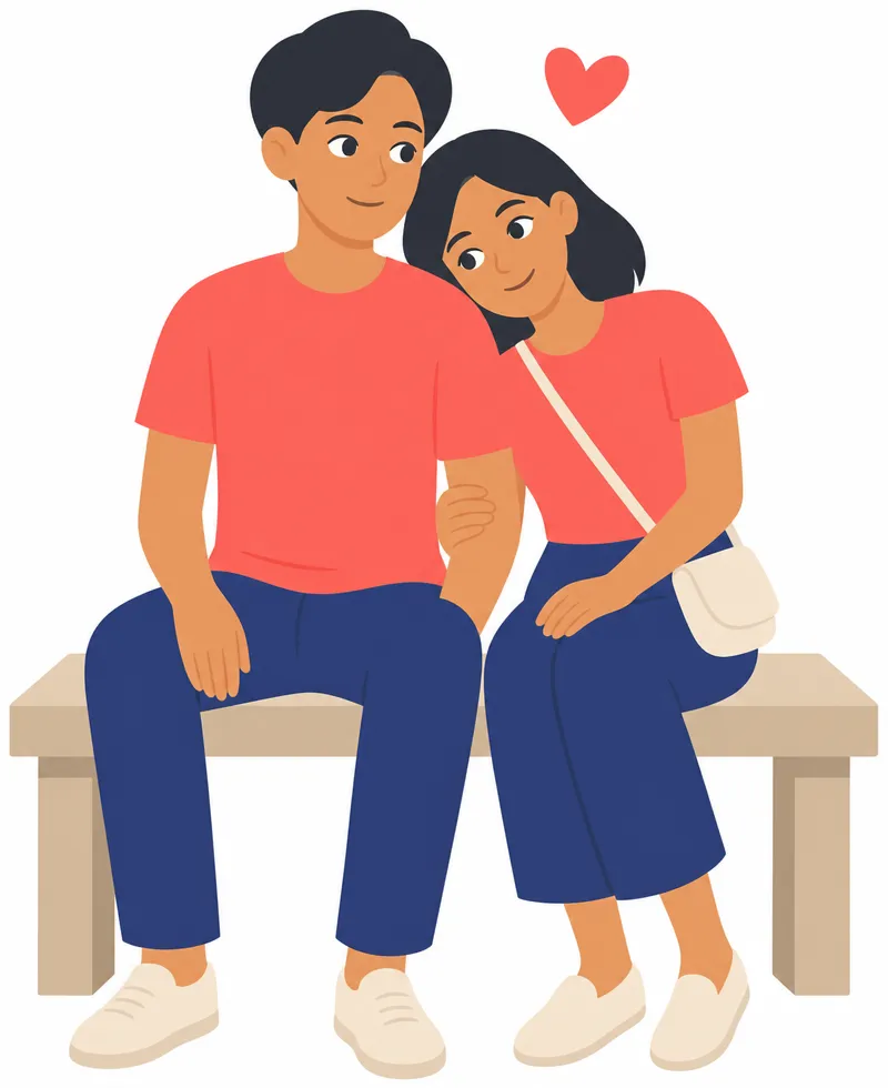 Two young people sitting side by side on a bench, shoulders touching, one resting a hand on the other’s arm.