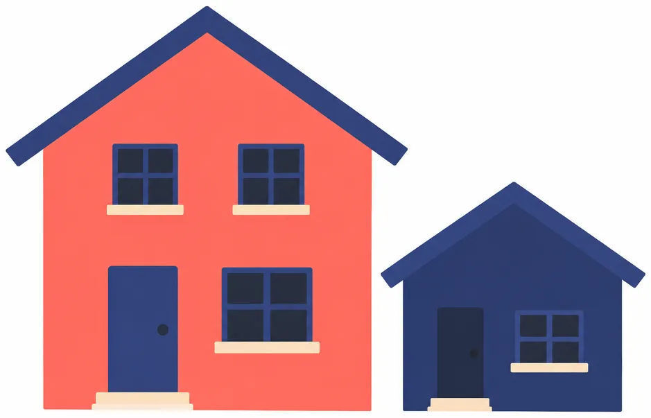 Two simple houses side by side: a large coral one and a small navy one.