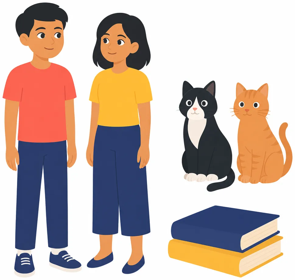Three groups side by side: two people standing, two cats sitting, two books stacked.