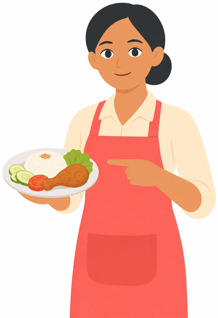 A woman in a coral apron holding a plate of food in one hand and pointing at it with the other, presenting it.