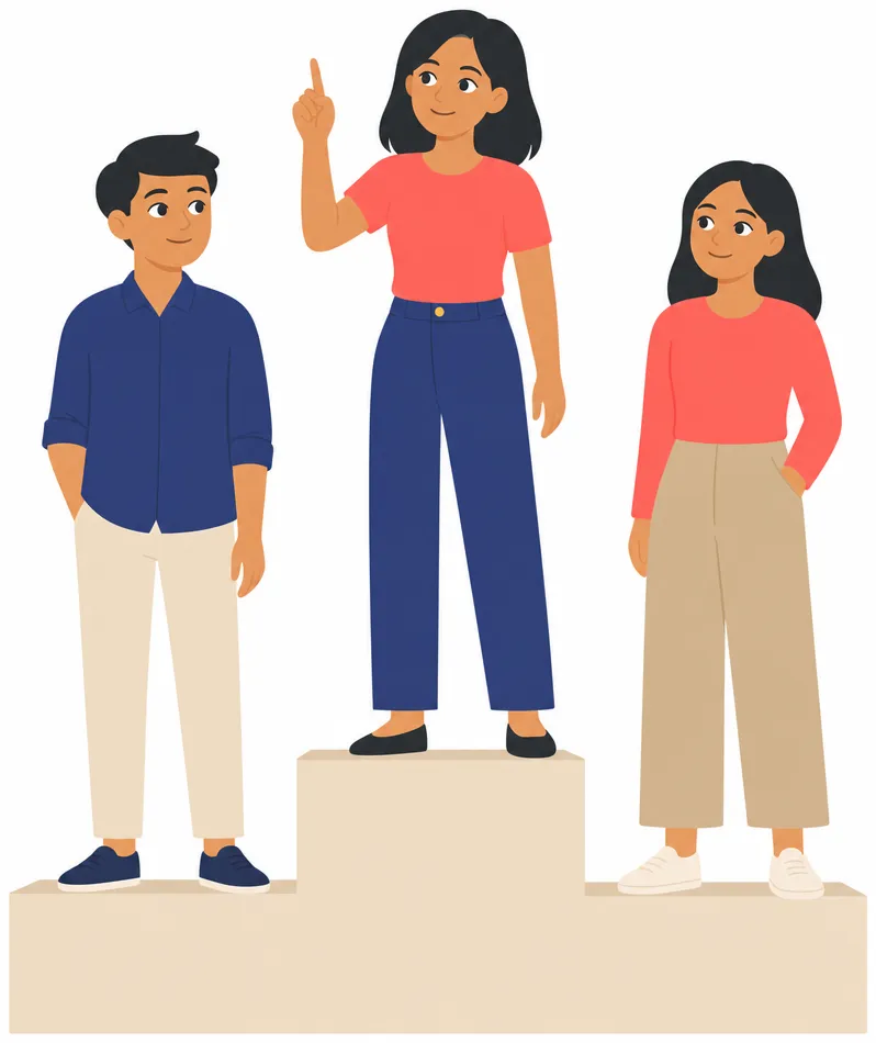 Three people standing on a simple three-step podium, one clearly higher in the middle, the other two lower on each side.