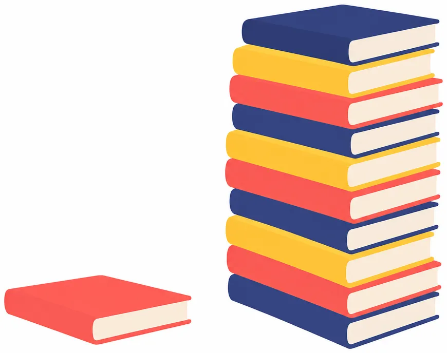 A single book lying alone on the left, and a tall stack of many books on the right.