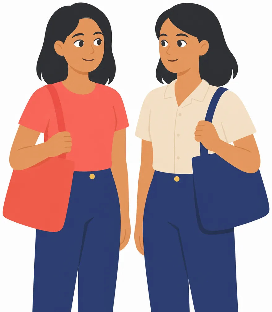 Two young women stand side by side, each holding her own bag close to her, one bag coral and one bag navy, clearly one each.