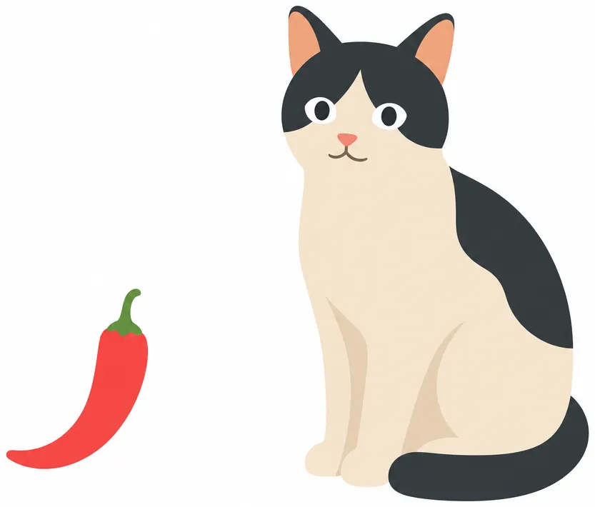 Two objects side by side on plain white: a small red chilli pepper, and a sitting cat.