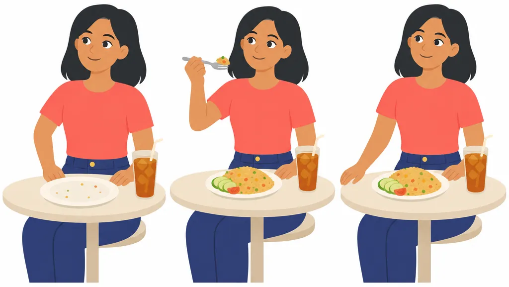 Three small vignettes of the same woman side by side: finishing a meal with an empty plate, eating mid-meal, and looking at a full plate about to start.