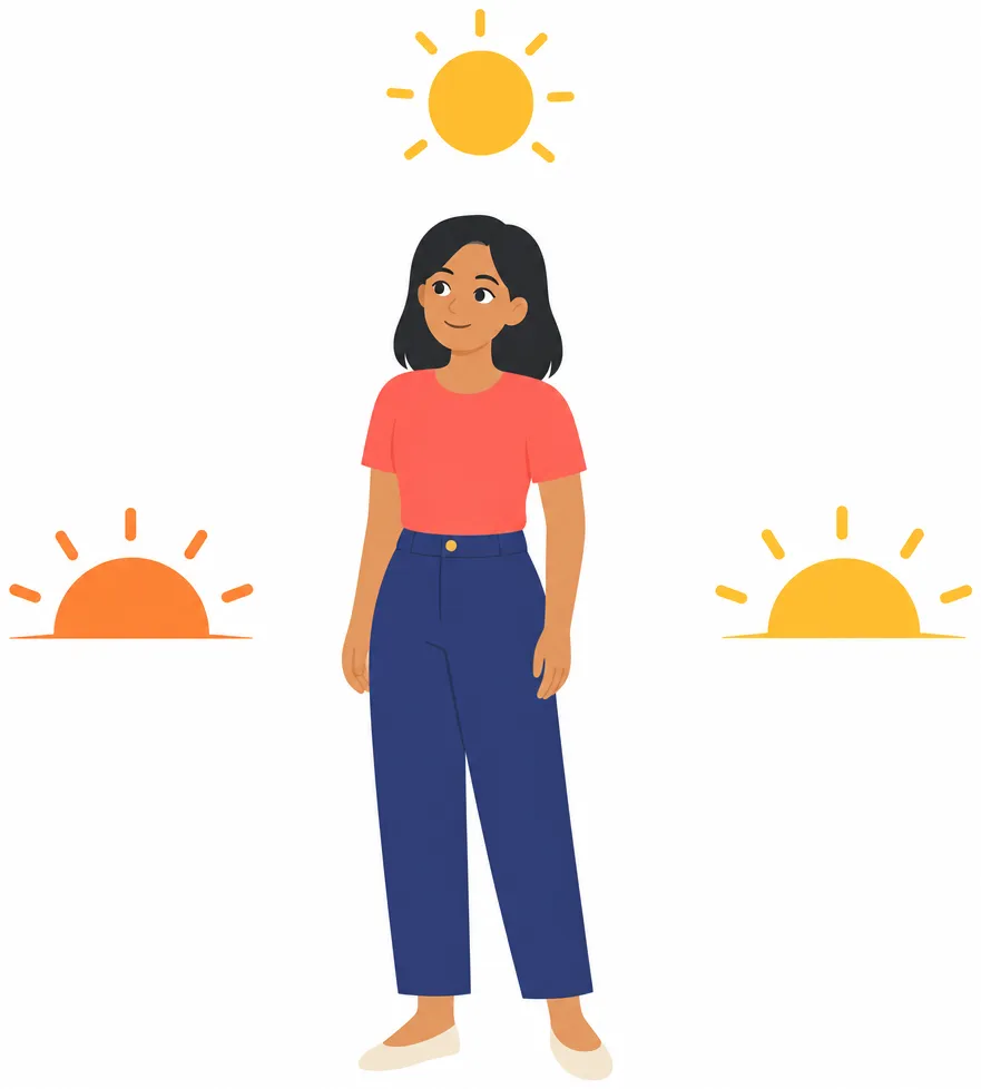 Rina stands between a rising sun on one side and a crescent moon on the other, looking from one to the other.