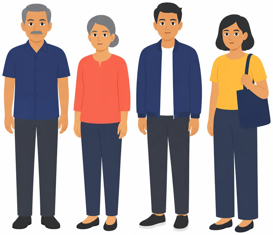 Four people standing side by side facing forward: an older man in a navy shirt, an older woman with a bun, a young man in a navy jacket, a young woman with a tote bag.