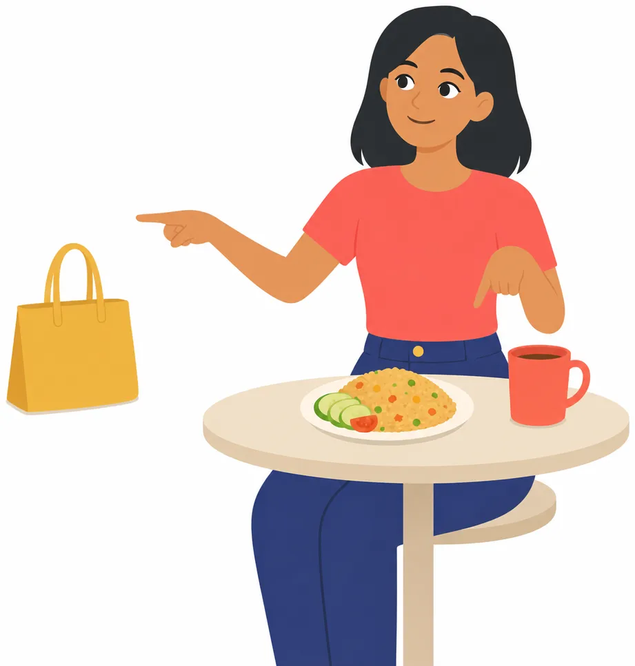 Rina points at a mug close to her with one hand, and at a bag far away with the other.