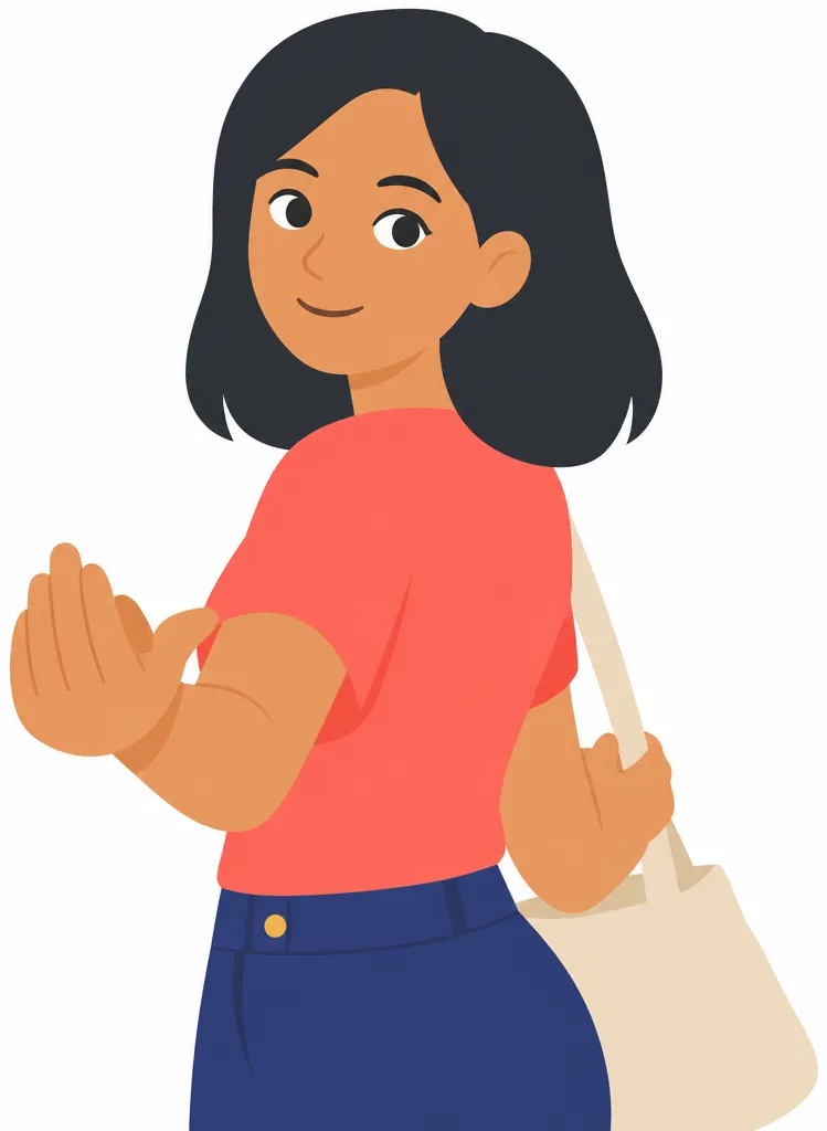 A young woman beckoning with one arm, half-turned as if setting off, inviting someone to come along.