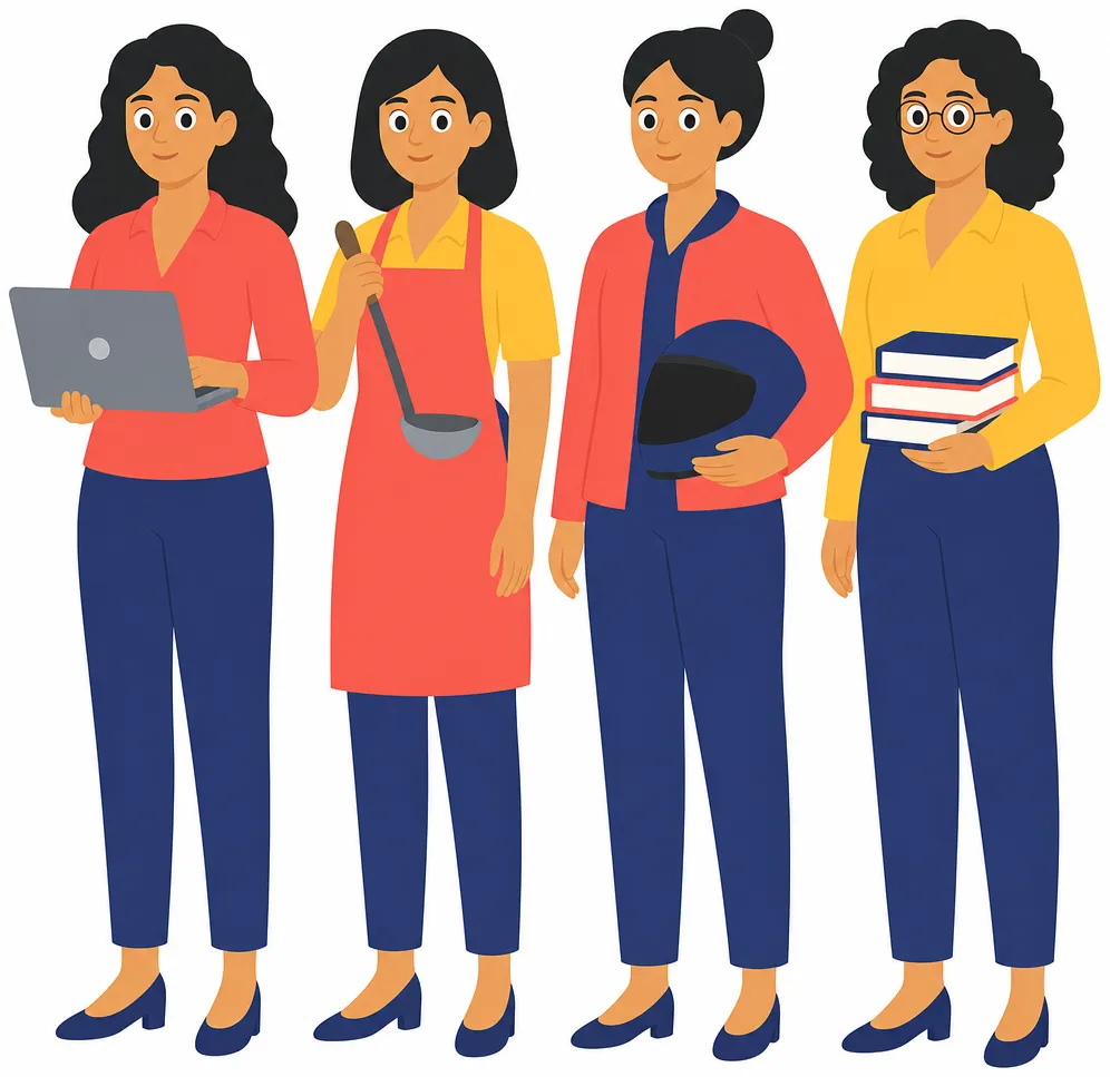 Four people in a row, each holding one clear tool of their trade: a laptop, a ladle, a motorbike helmet, a stack of books.