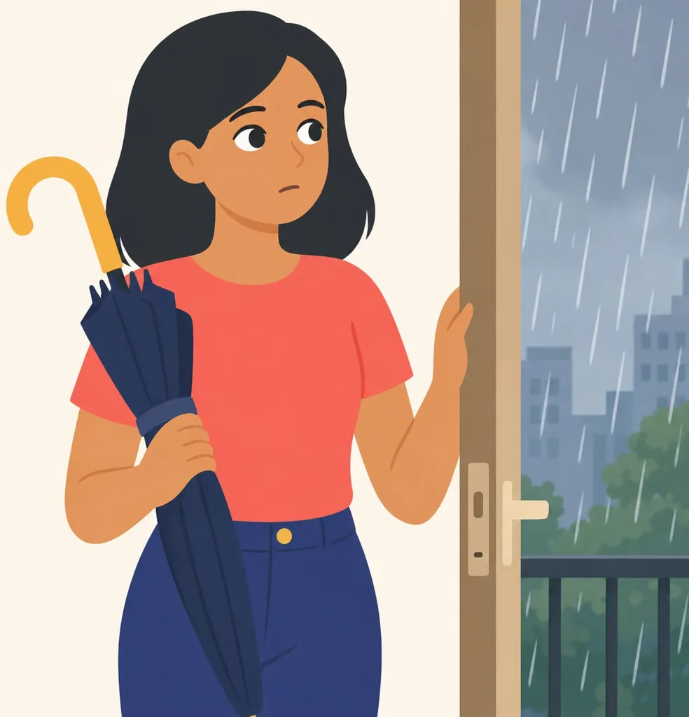 A young woman at a door looking out at heavy rain, holding an umbrella she has not opened, deciding whether to go.