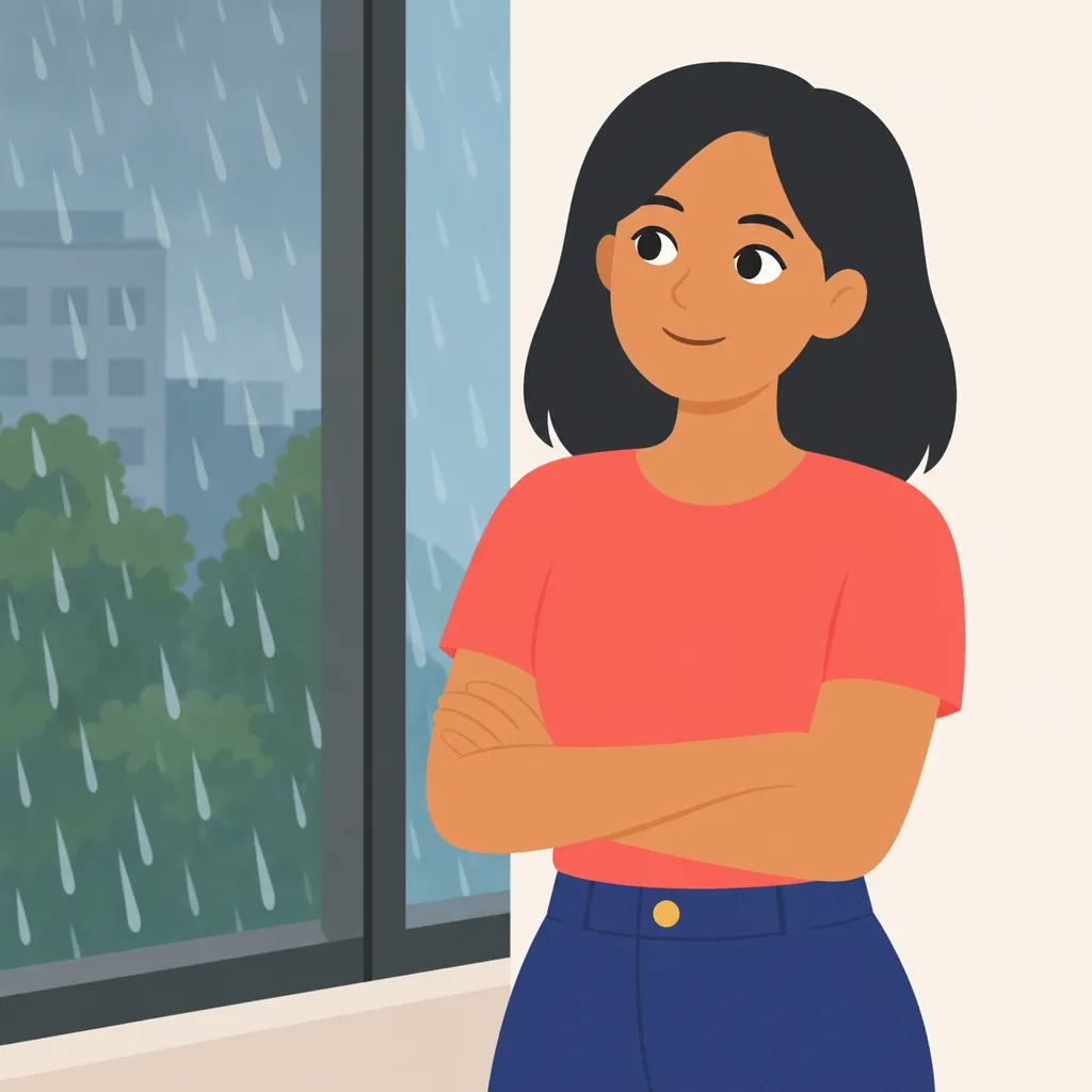 A young woman standing indoors looking out at rain through a window, arms folded, not going anywhere.