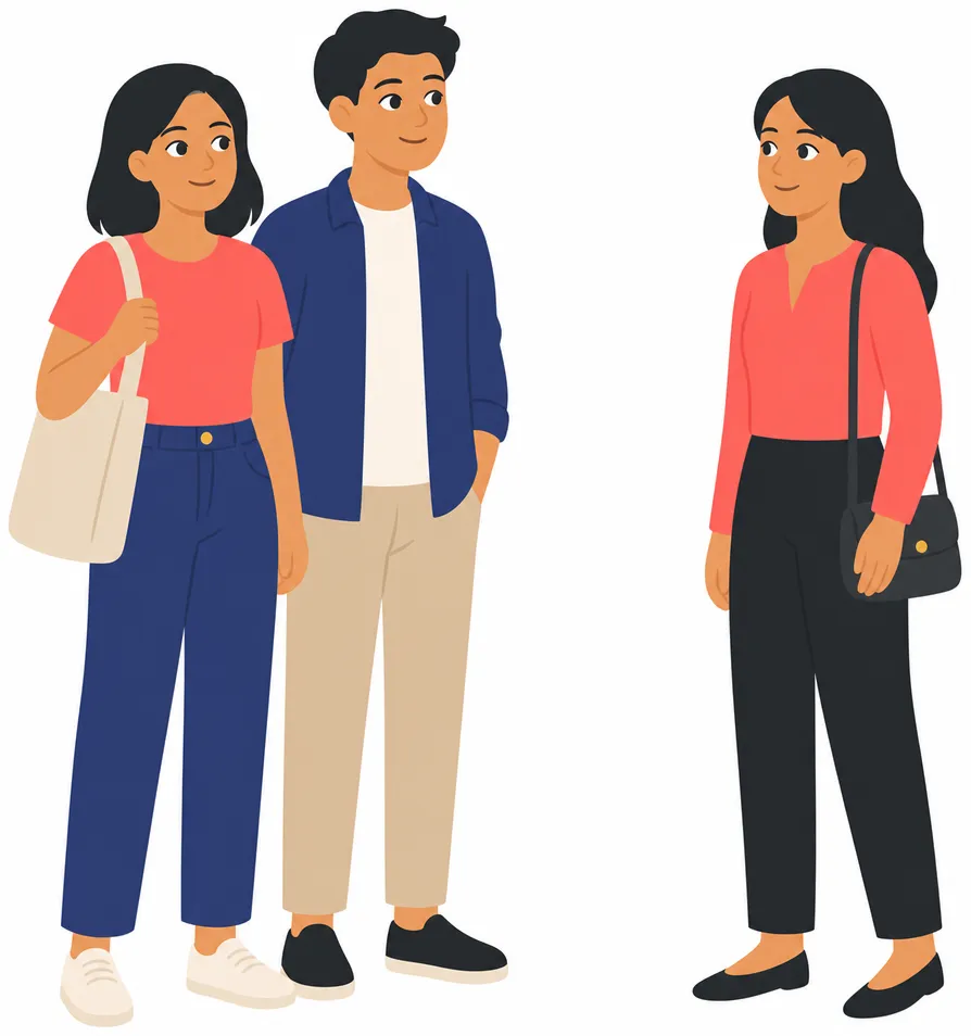 Three friends stand close together as a group, and a fourth person stands clearly apart from them, slightly to the side.