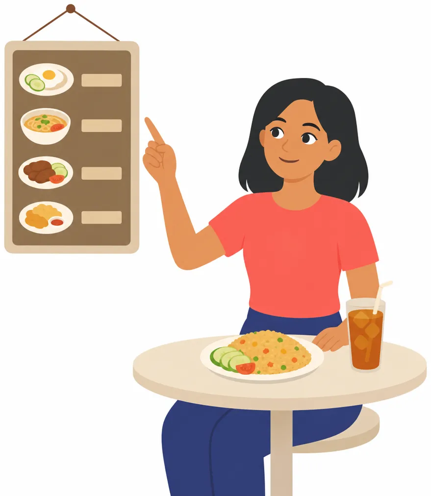 Ordering at a warung: a plate of nasi goreng and a glass of iced tea.