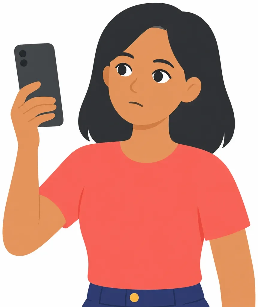 A young woman holding up a phone in one hand, looking at the screen with a slight frown.