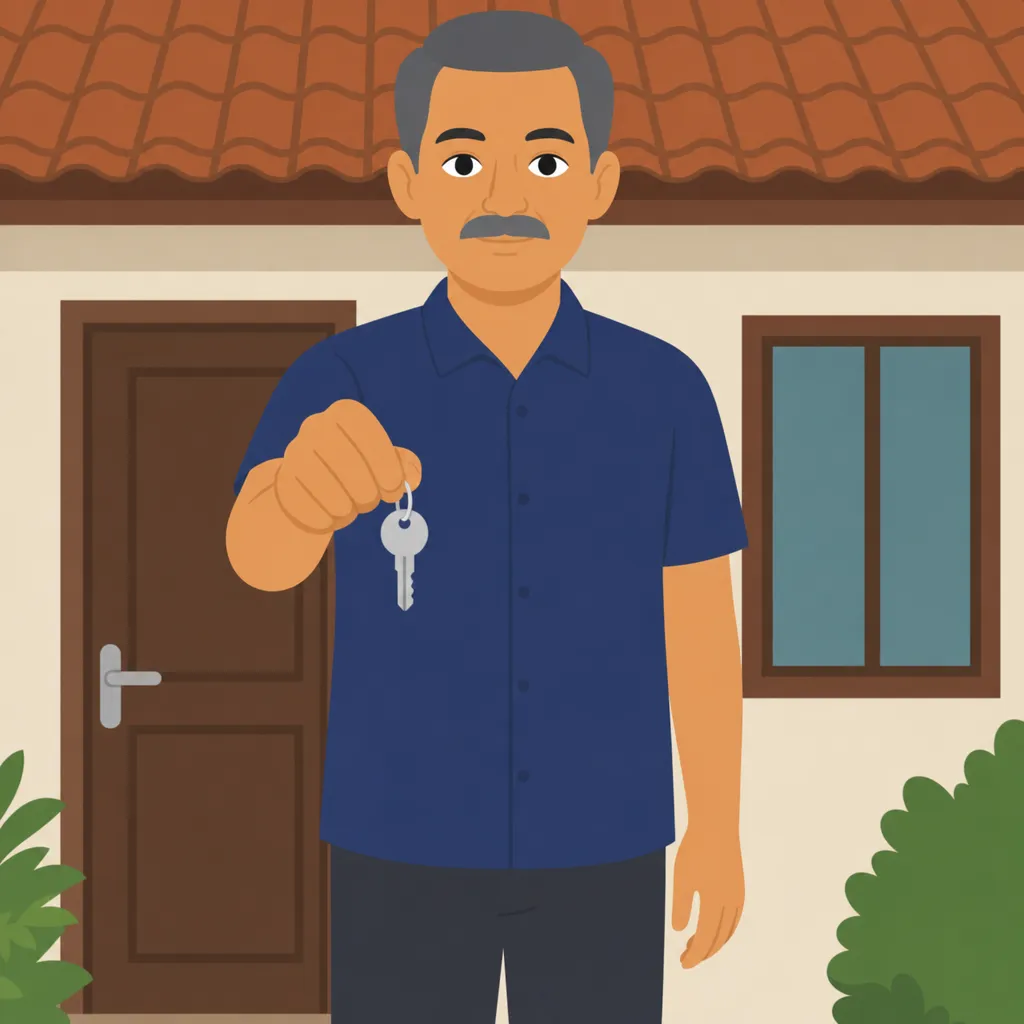 An older man with a grey moustache standing in front of a simple house, holding out a key.