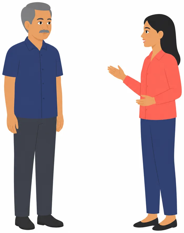 Rina in the centre, turning between two people on either side: an older man in a navy shirt on her left, a friend her own age on her right.