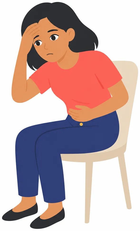 Rina sits holding her stomach with one hand and her forehead with the other, looking unwell.