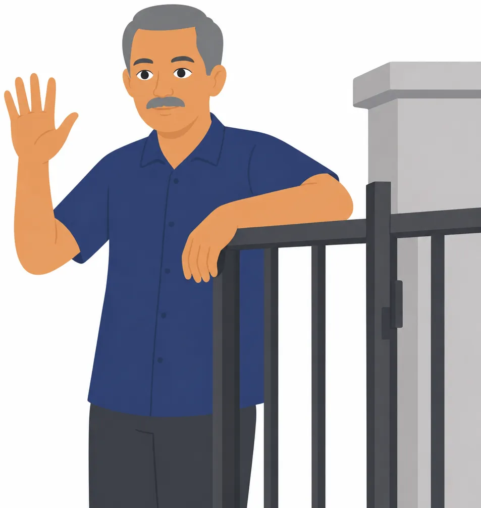 An older man with a grey moustache leaning on a gate, raising a hand in greeting to someone passing by.