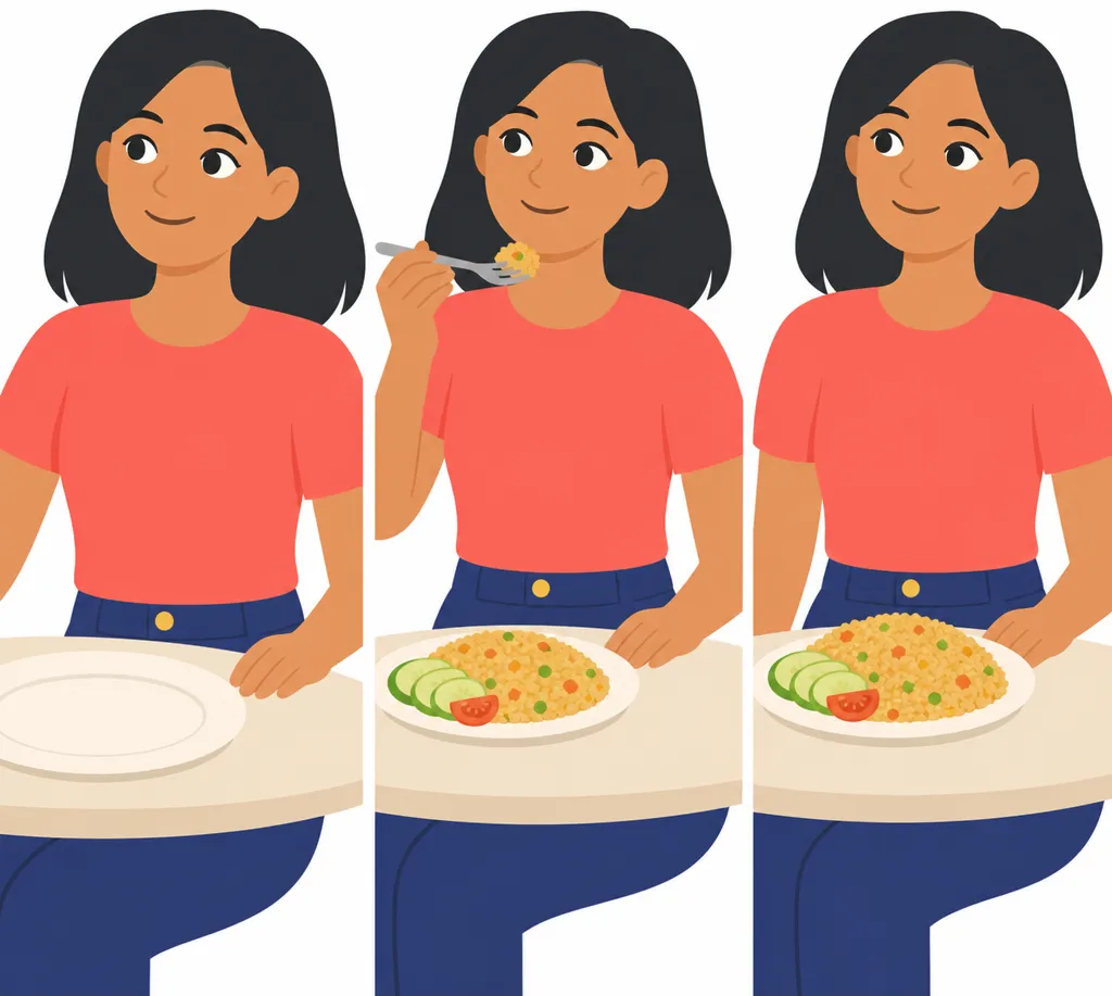 Three panels of the same woman with a plate: empty plate pushed away, mid-meal with fork raised, full plate untouched.