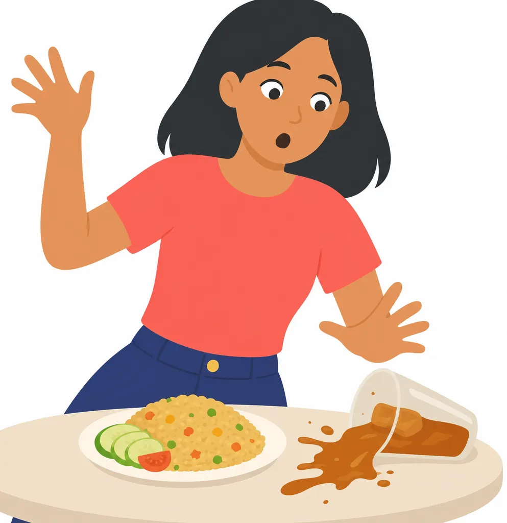 A young woman with a startled expression, a glass tipping over on the table in front of her, liquid spilling.