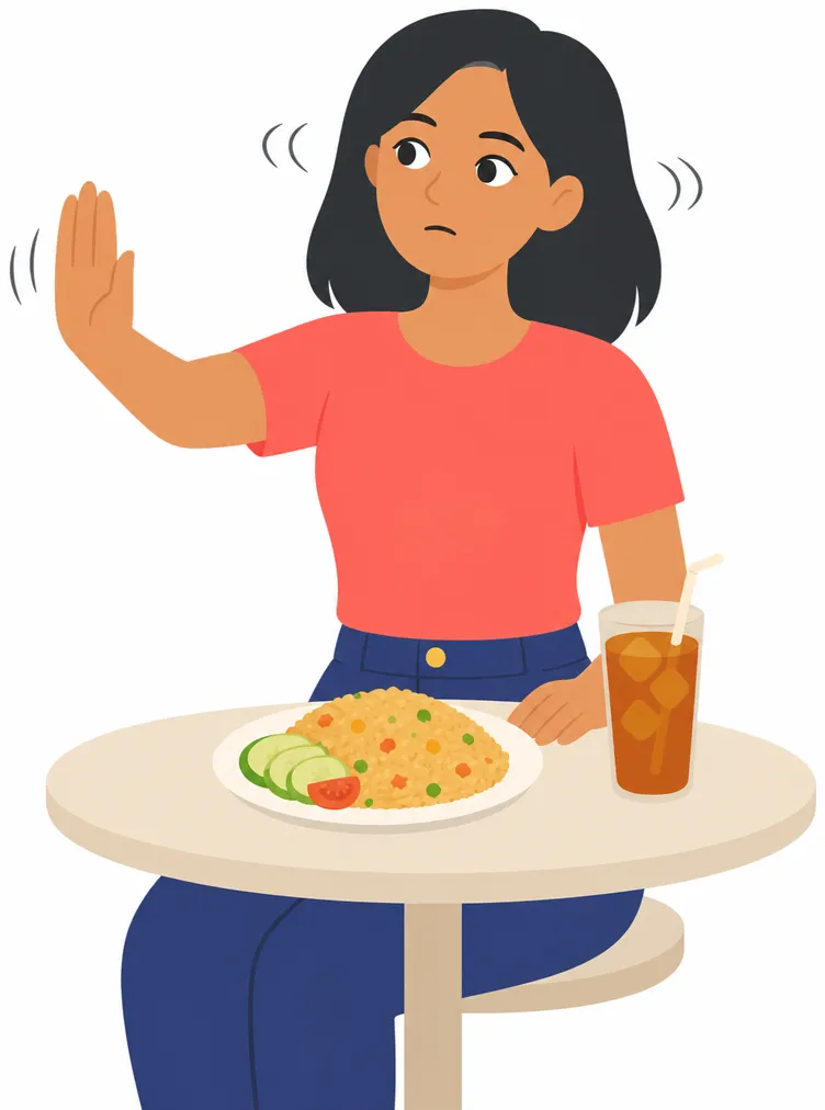 She holds up one flat hand and waves it side to side in a clear refusal, shaking her head.