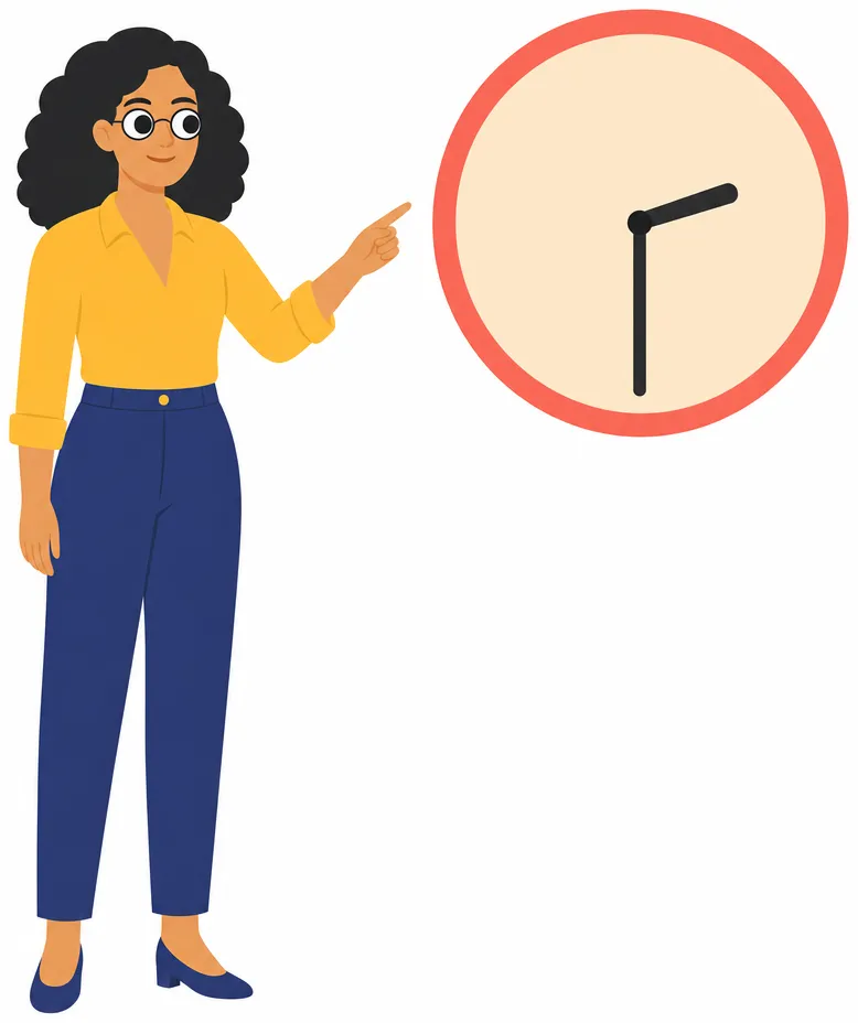 Yoan looks at a large simple round wall clock with plain hands and no numbers, checking the time.