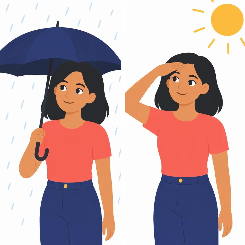 A young woman under an umbrella on one side with rain falling, and the same woman shading her eyes under a bright sun on the other side.