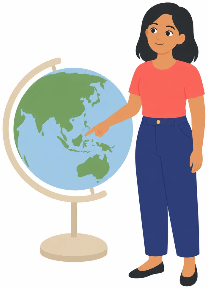 Rina stands beside a large simple globe, one hand resting on it, answering a question.