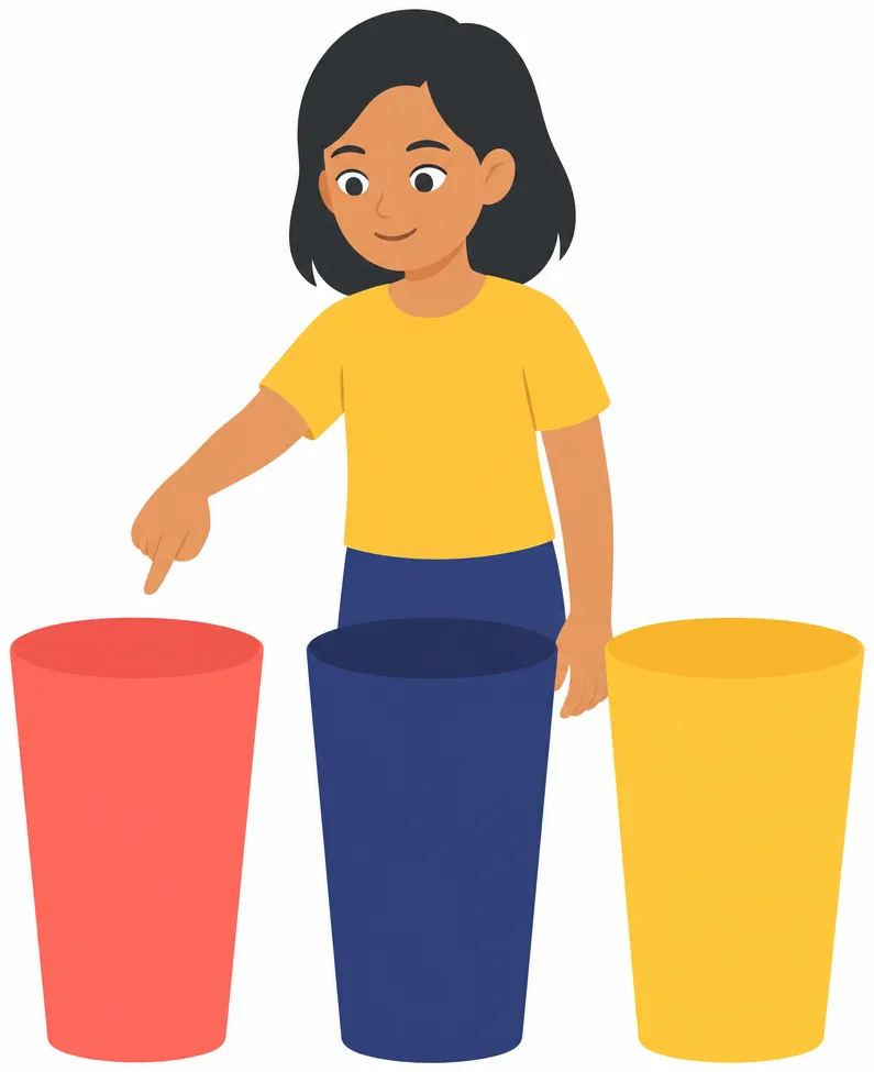 Three identical cups side by side, one coral, one navy, one gold, with a hand pointing clearly at the coral one.